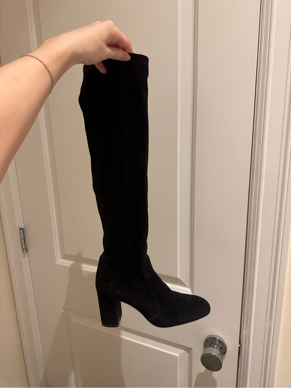 Stuart Weitzman Black Knee-High Suede Block Heel Boots